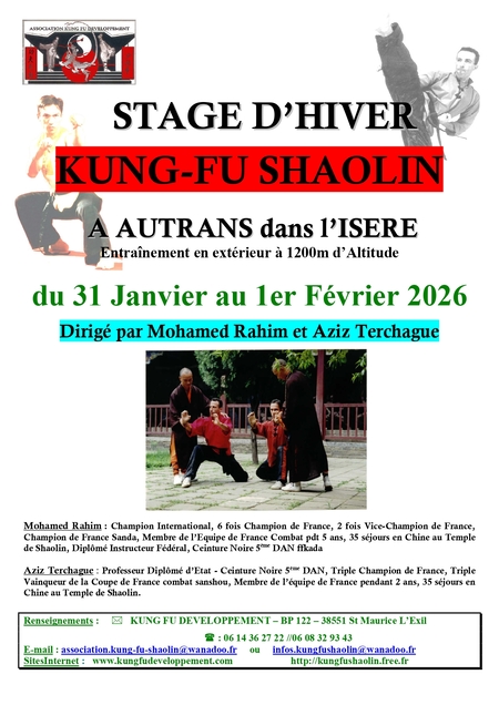 Stage d'hiver de Kung Fu Shaolin à Autrans Affiche du stage d'hiver de Kung Fu Shaolin du 31 janvier au 1er février 2026 à Autrans