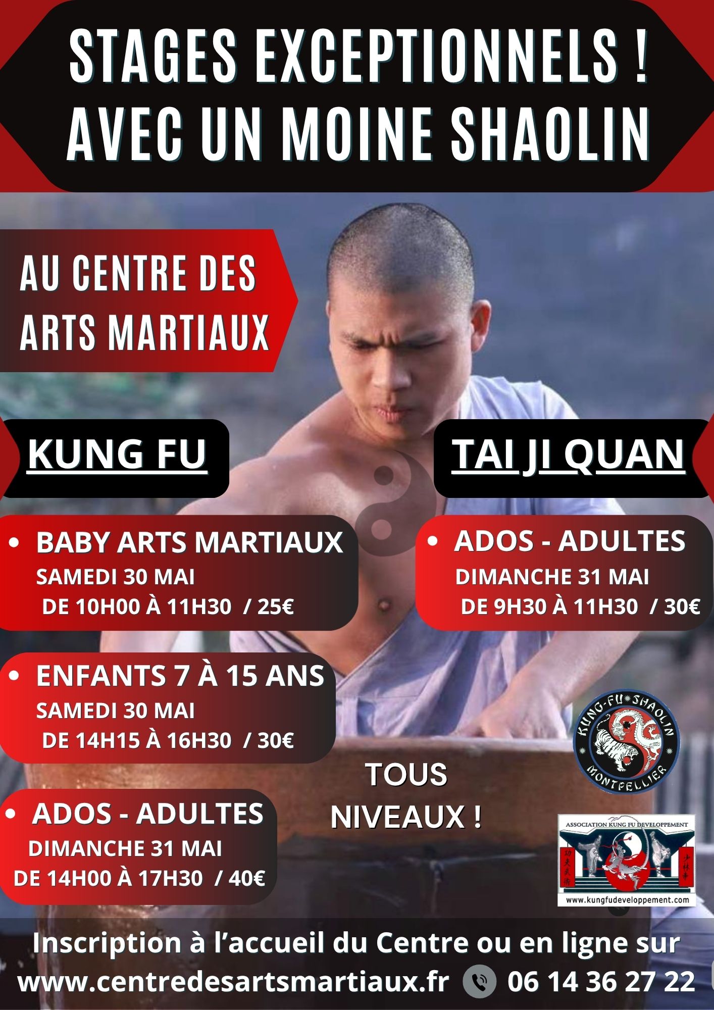 Stages Moine Shaolin Kung fu et Tai Ji Quan Mai 2026